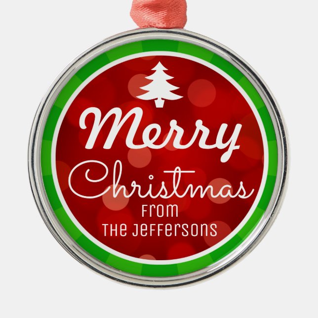 Personalised Green Stripes Red Bokeh Christmas Metal Tree Decoration (Front)