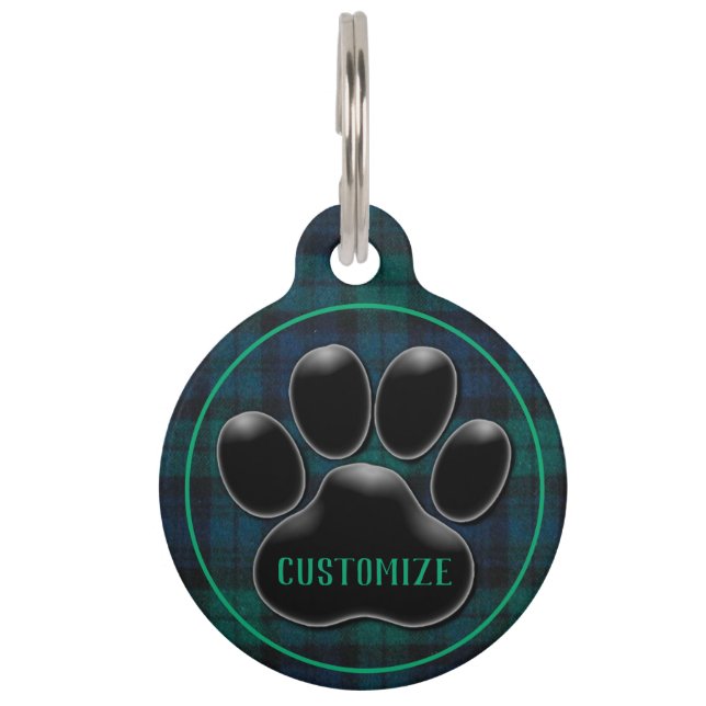 Personalised Green Tartan Black Paw Print Pet Tag (Front)