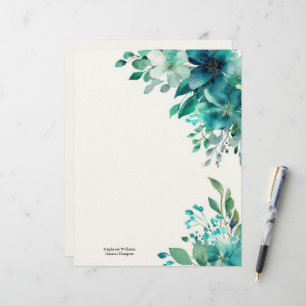 Personalised Green Teal Wildflowers Florals Custom Letterhead