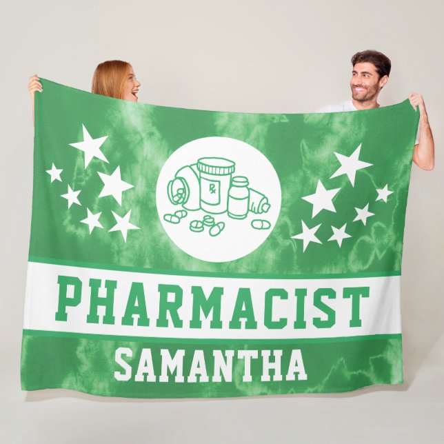 Personalised Green Tie Dye Pharmacist Name  Fleece Blanket (In Situ)