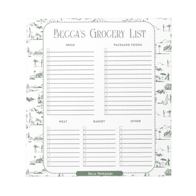 Personalised Green Toile Grocery List Notepad (Front)