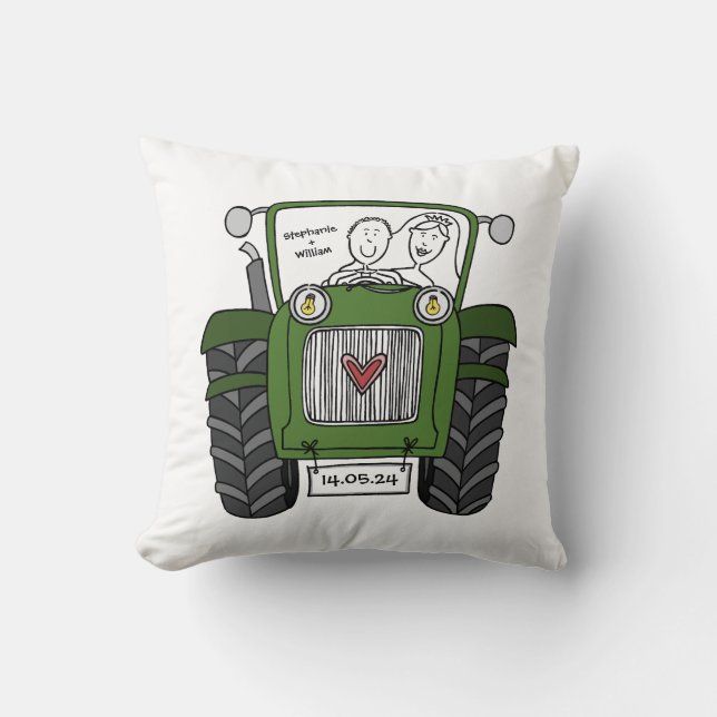 Personalised Green Tractor Country Farm Wedding Cushion (Front)