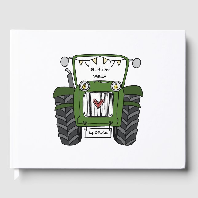 Personalised Green Tractor Country Farm Wedding Guest Book (Front)