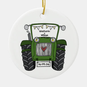 Personalised Green Tractor Country Wedding Gift Ceramic Tree Decoration