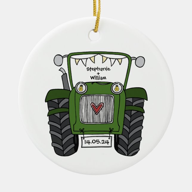 Personalised Green Tractor Country Wedding Gift Ceramic Tree Decoration (Front)