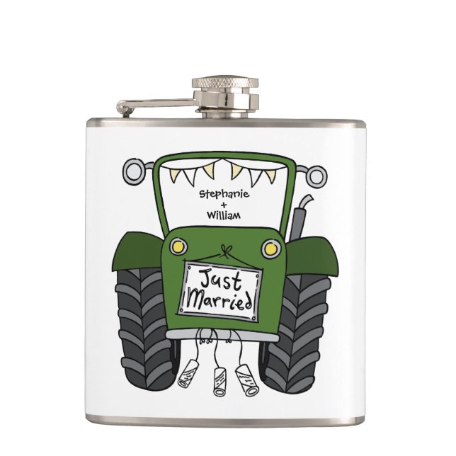 Personalised Green Tractor Country Wedding Gift Hip Flask (Front)