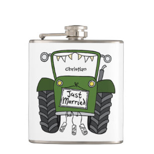 Personalised Green Tractor Country Wedding Gift Hip Flask