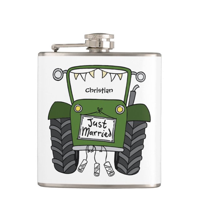 Personalised Green Tractor Country Wedding Gift Hip Flask (Front)
