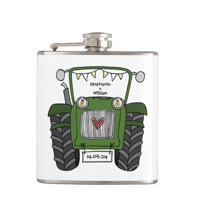 Personalised Green Tractor Country Wedding Gift Hip Flask (Front)