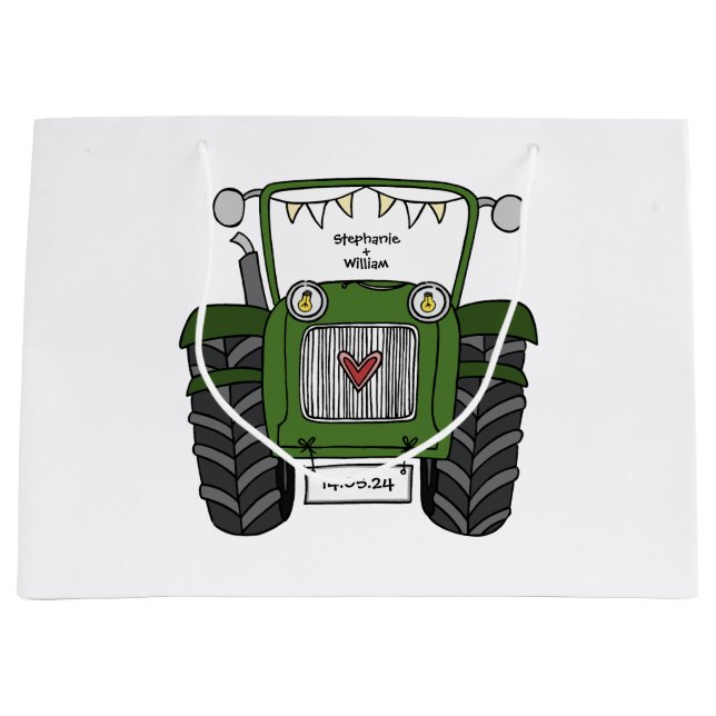 Personalised Green Tractor Country Wedding Gift Large Gift Bag (Front)