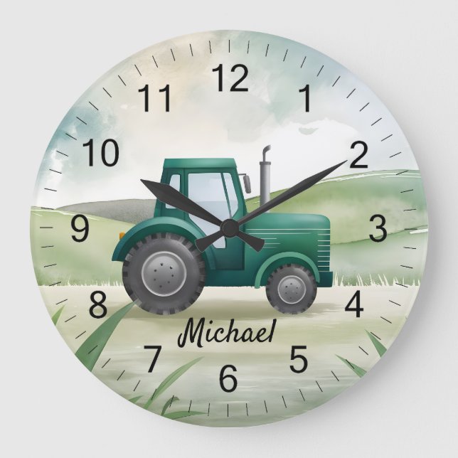 Personalised Green Tractor Farm Watercolor Kids    Large Clock (Front)
