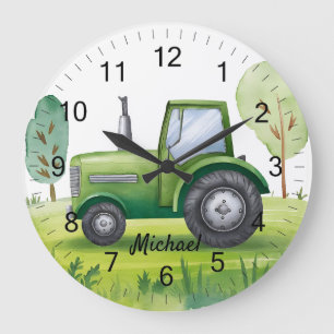 Personalised Green Tractor Farm Watercolor Kids    Large Clock