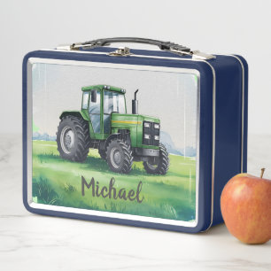 Personalised Green Tractor Farm Watercolor Kids Metal Lunch Box
