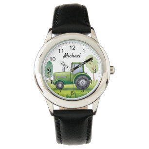 Personalised Green Tractor Farm Watercolor Kids Watch