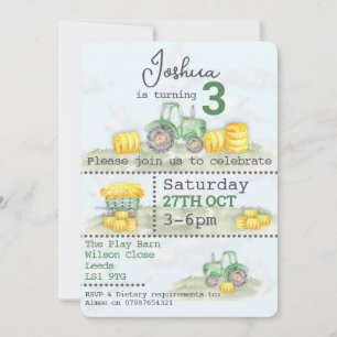 Personalised Green Tractor Themed Invitations