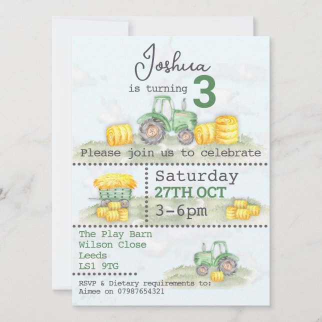 Personalised Green Tractor Themed Invitations  (Front)