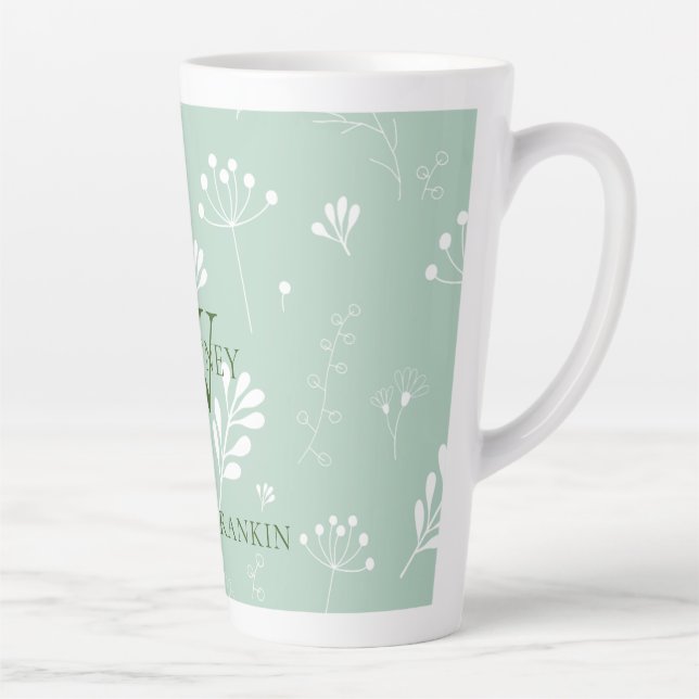 Personalised Green w/ White Florals Latte Mug (Right)