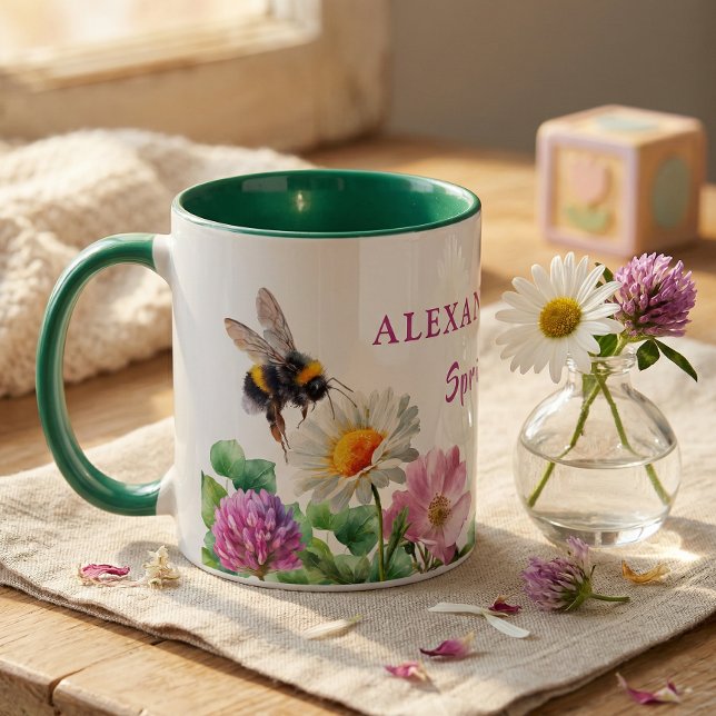 Personalised Green Watercolor Bee Spring Vibes Mug (Creator Uploaded)