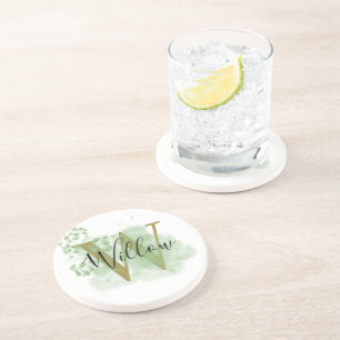 Personalised Green Watercolor & Floral Initial Coaster