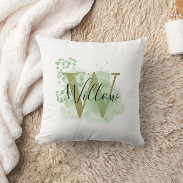 Personalised Green Watercolor & Floral Initial  Cushion (Blanket)
