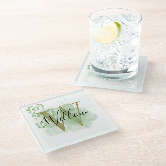 Personalised Green Watercolor & Floral Initial  Glass Coaster (Angled)