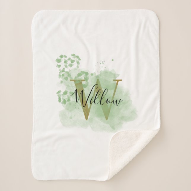Personalised Green Watercolor & Floral Initial Sherpa Blanket (Front)