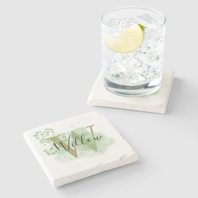 Personalised Green Watercolor & Floral Initial Stone Coaster (Side)