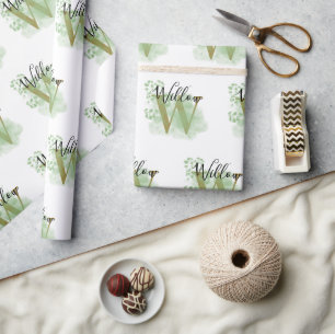 Personalised Green Watercolor & Floral Initial Wrapping Paper