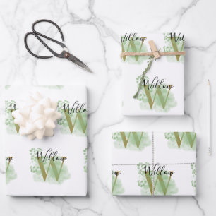 Personalised Green Watercolor & Floral Initial Wrapping Paper Sheet