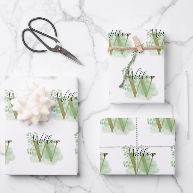 Personalised Green Watercolor & Floral Initial Wrapping Paper Sheet (Front)
