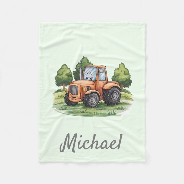 Personalised Green Watercolor Tractor  Fleece Blanket (Front)
