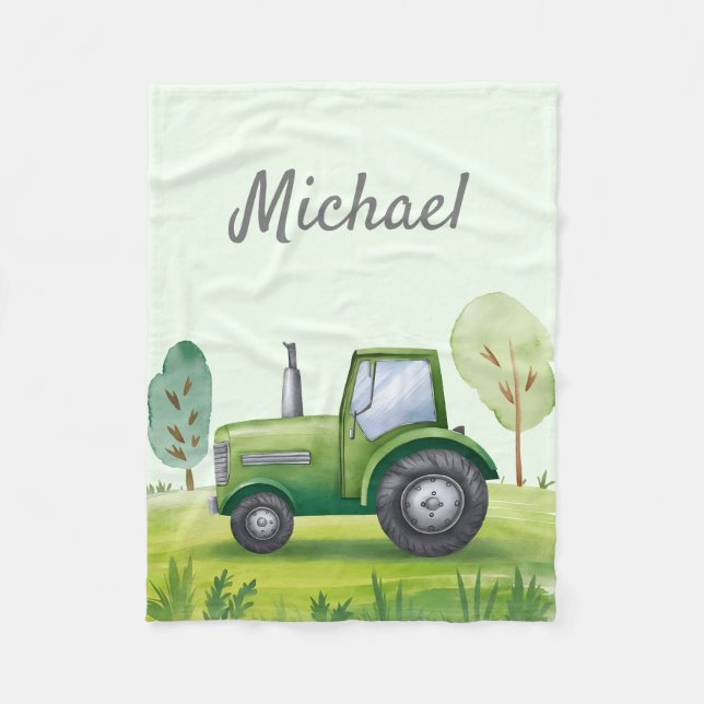 Personalised Green Watercolor Tractor  Fleece Blanket (Front)