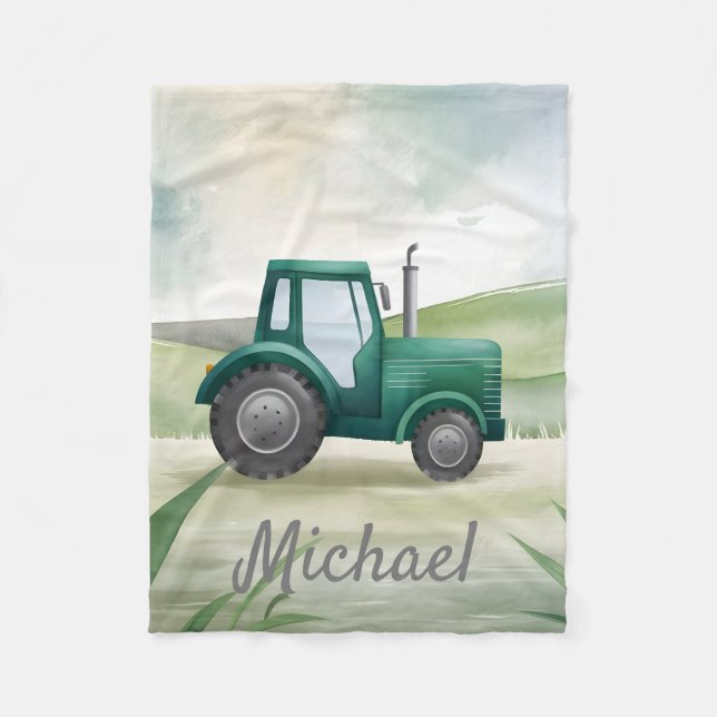 Personalised Green Watercolor Tractor  Fleece Blanket (Front)