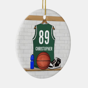 Personalised Green White Basketball Jersey Ceramic Tree Decoration