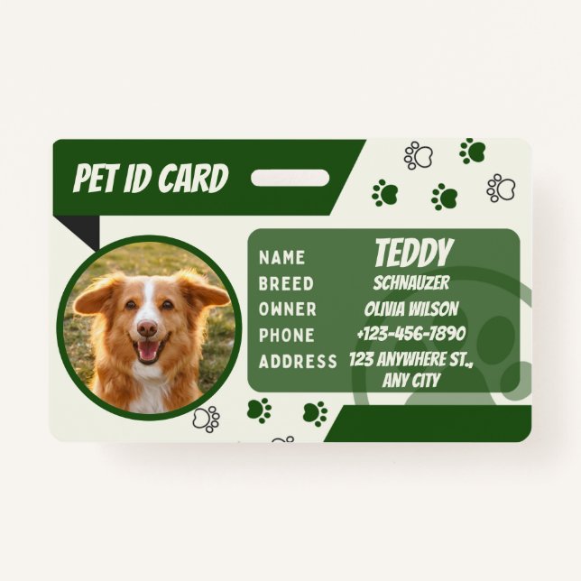 Personalised Green White Dog Card Photo ID Badge (Front)