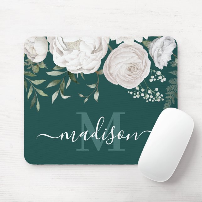 Personalised Green White Floral Name Monogram Mouse Mat (With Mouse)
