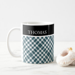 Personalised Green White Gingham Custom Name Coffee Mug