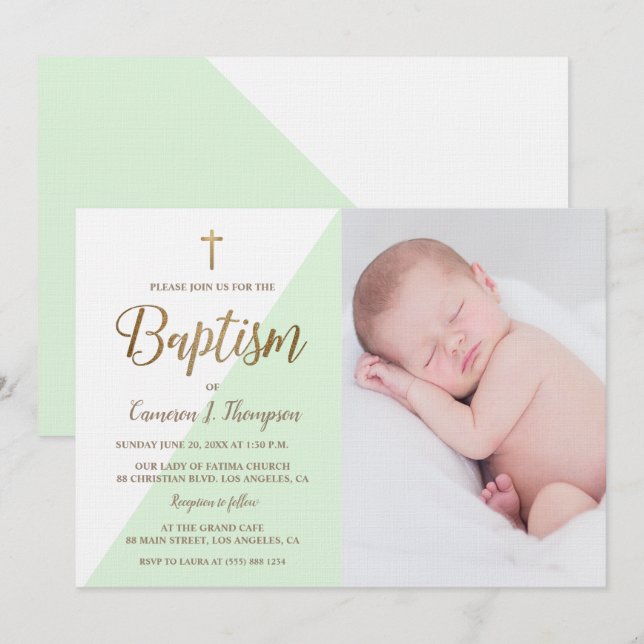 Personalised Green White Gold Baptism baby photo Invitation (Front/Back)