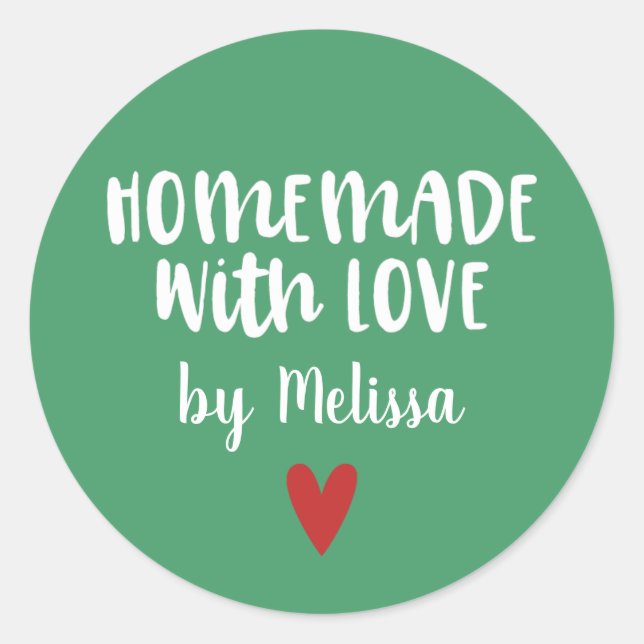 Personalised Green White Homemade With Love Classic Round Sticker (Front)
