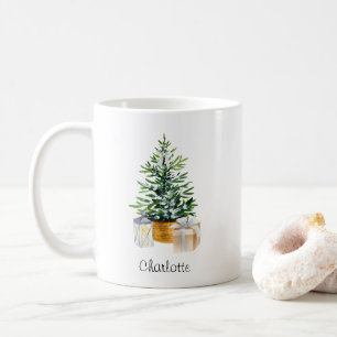 Personalised Green White Minimal Christmas Tree  Coffee Mug