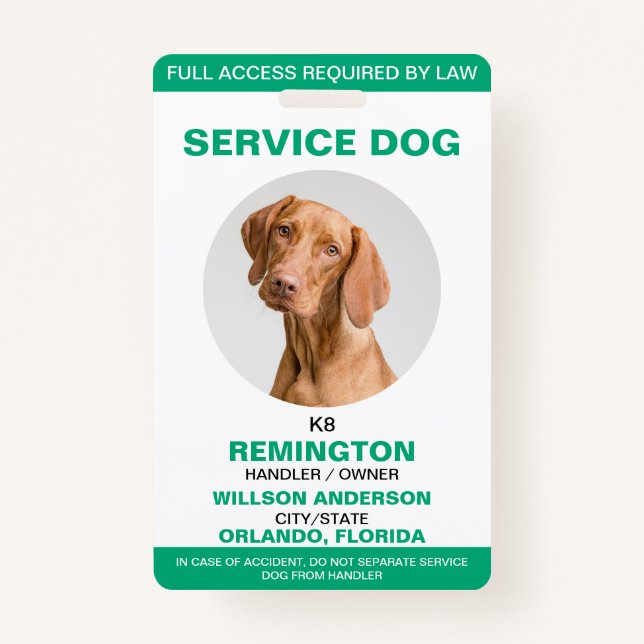 Personalised green White Service Dog Photo ID ID Badge (Front)