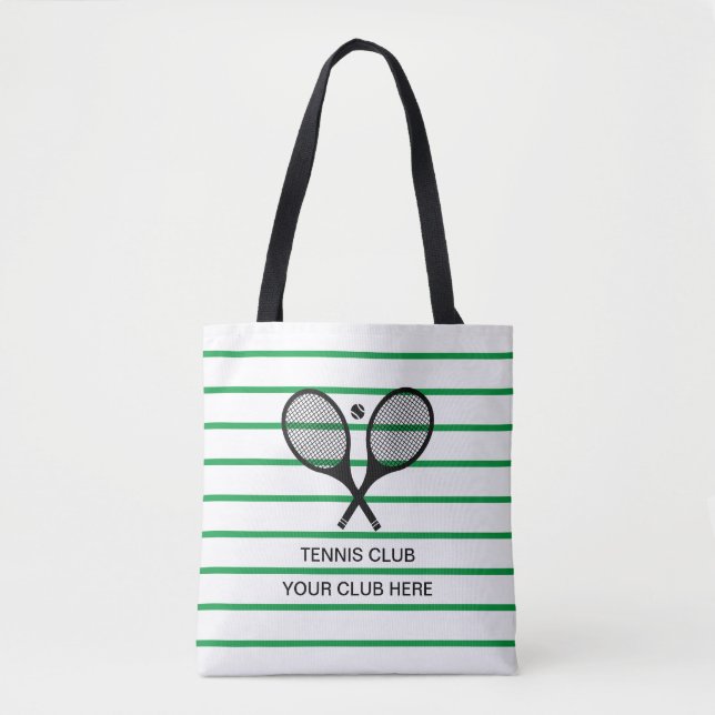 Personalised Green White Stripe Tennis Racket Tote Bag (Front)