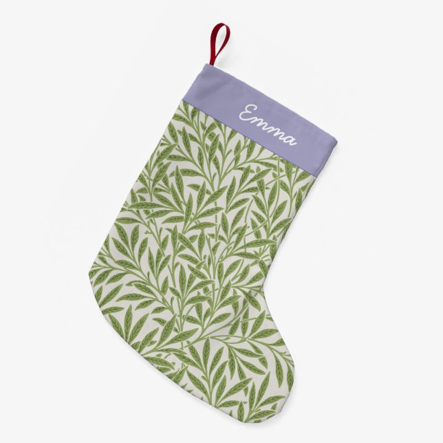 Personalised Green Willow Leaves Botanical Pattern Small Christmas Stocking (Front (Hanging))