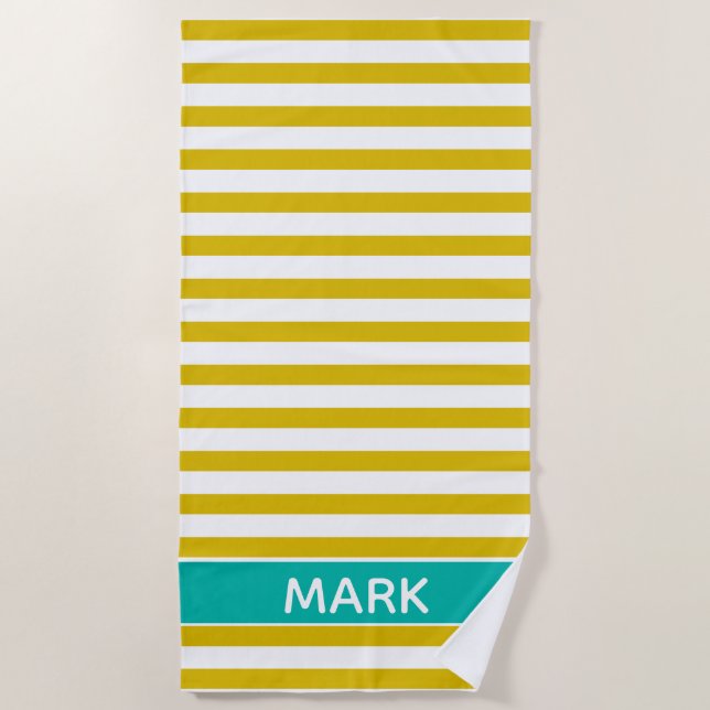 Personalised Green Yellow And White Cabana Stripe Beach Towel (Front)