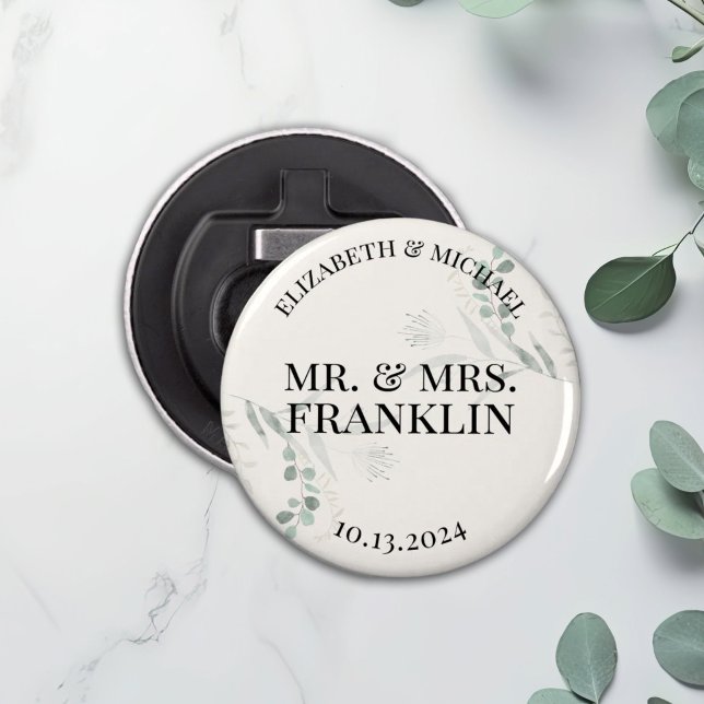 Personalised Greenery Branch Wedding Favour Button Bottle Opener (Creator Uploaded)