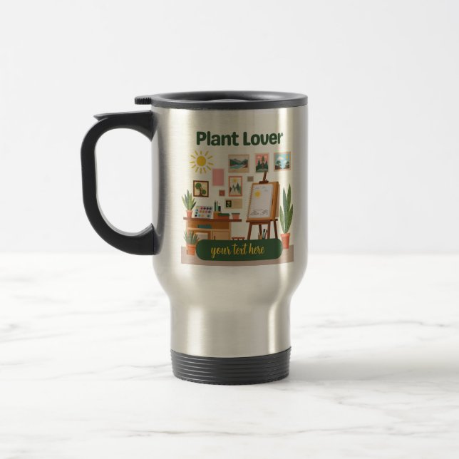 Personalised Greenery & Creative Workspace Design Travel Mug (Left)