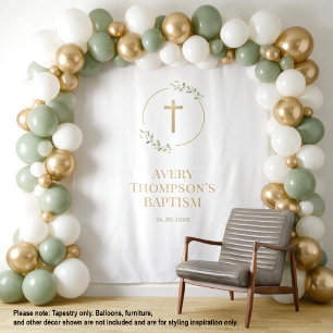 Personalised Greenery Cross Baptism backdrop Tapestry