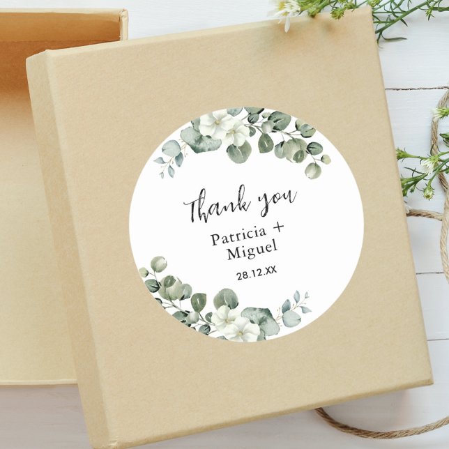 Personalised Greenery Eucalyptus Wedding Thank You Classic Round Sticker (Creator Uploaded)
