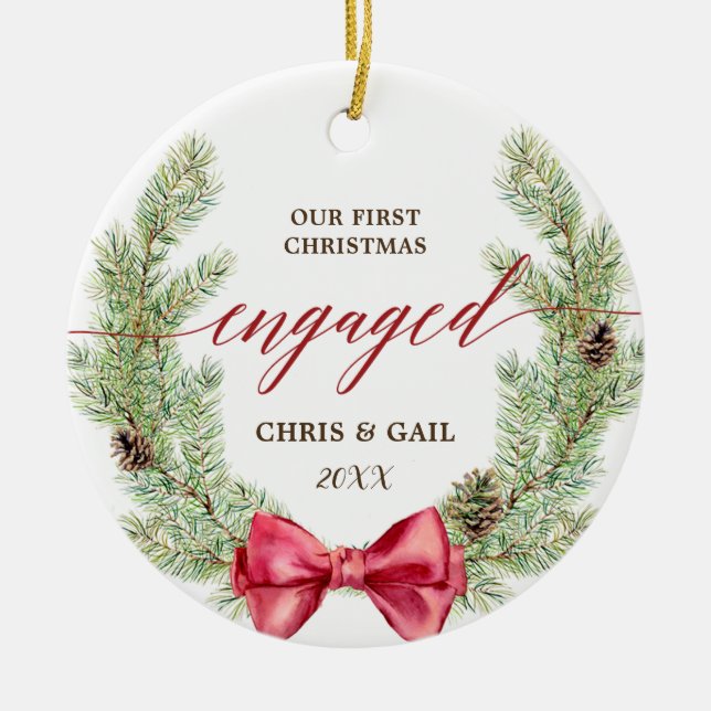 Personalised Greenery First Christmas Engaged Ceramic Tree Decoration (Front)