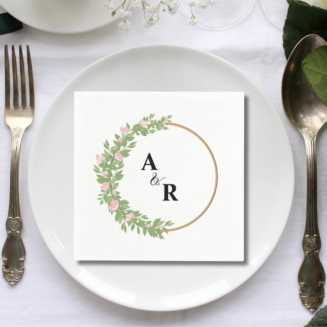 Personalised Greenery Floral Circle Wedding Paper Napkin (Creator Uploaded)